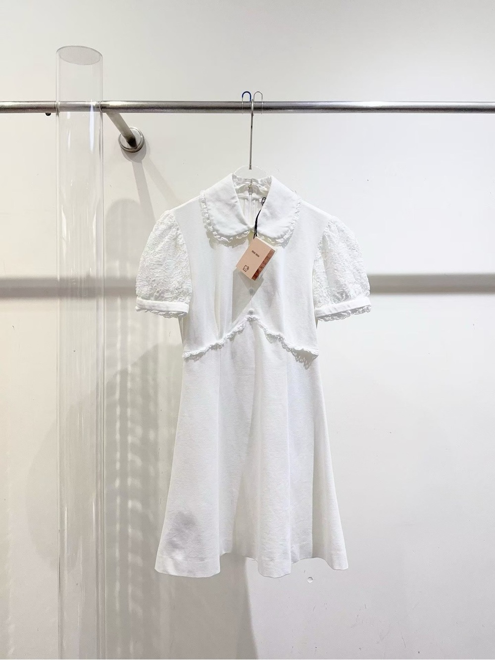 Miu Miu White Lace-Trim Short Sleeve Dress